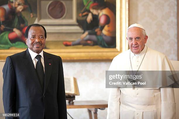 Pope Francis receives in audience Cameroon President Paul Biya at Vatican Apostolic Palace on October 18, 2013 in Vatican City, Vatican. During the...