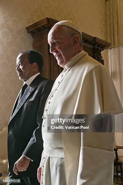 Pope Francis receives in audience Cameroon President Paul Biya at Vatican Apostolic Palace on October 18, 2013 in Vatican City, Vatican. During the...