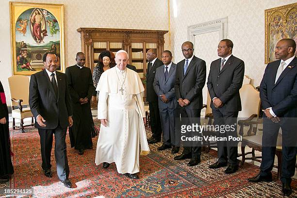 Pope Francis receives in audience Cameroon President Paul Biya, his wife Chantal Biya and his delegation at Vatican Apostolic Palace on October 18,...