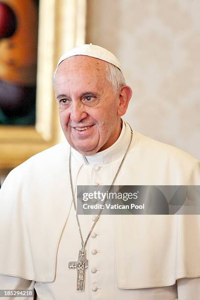 Pope Francis attends an audience with Cameroon President Paul Biya at Vatican Apostolic Palace on October 18, 2013 in Vatican City, Vatican. During...