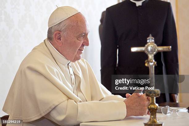 Pope Francis attends an audience with Cameroon President Paul Biya at Vatican Apostolic Palace on October 18, 2013 in Vatican City, Vatican. During...