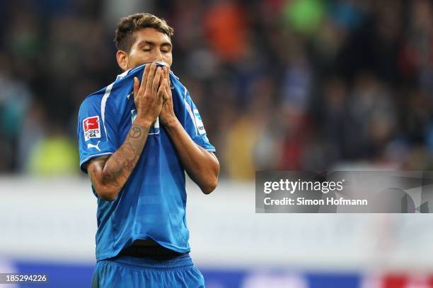 Roberto Firmino of Hoffenheim reacts during the Bundesliga match between 1899 Hoffenheim and Bayer Leverkusen at Rhein-Neckar Arena on October 18,...