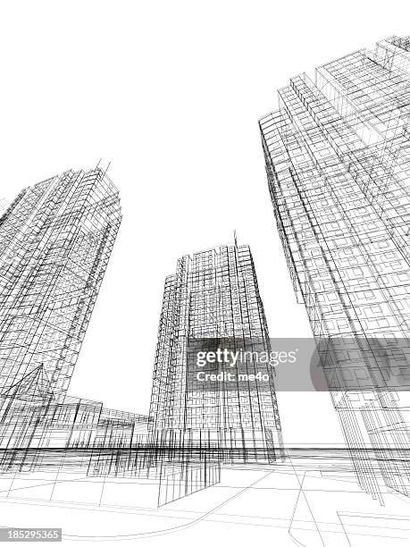 3d render of contemporary building in wire frame layout. - skyscraper blueprint stock pictures, royalty-free photos & images