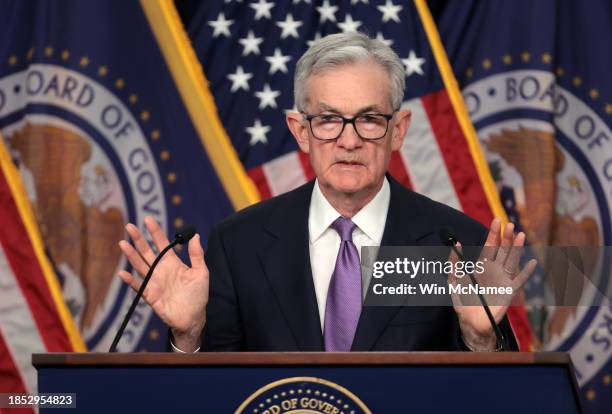 Federal Reserve Board Chairman Jerome Powell speaks during a news conference at the headquarters of the Federal Reserve on December 13, 2023 in...