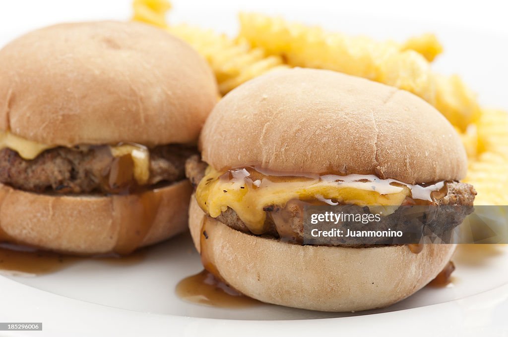 Mini cheeseburgers with caramelized onions and fries