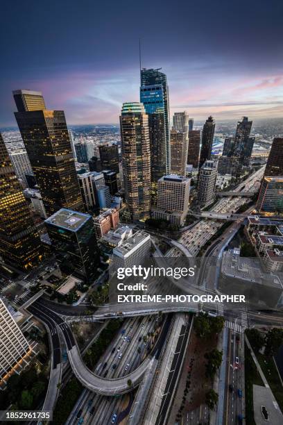 los angeles downtown seen from a helicopter point of view - a point stock pictures, royalty-free photos & images