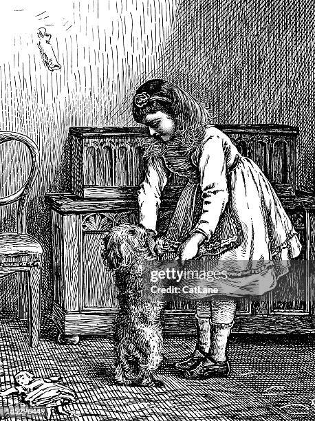 little girl and dog - victorian engraving - dog playing with toy indoor stock illustrations