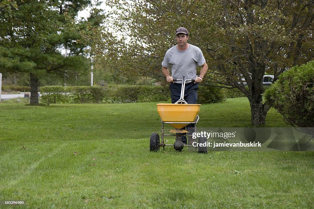 Landscaper Fertilizes a Lawn