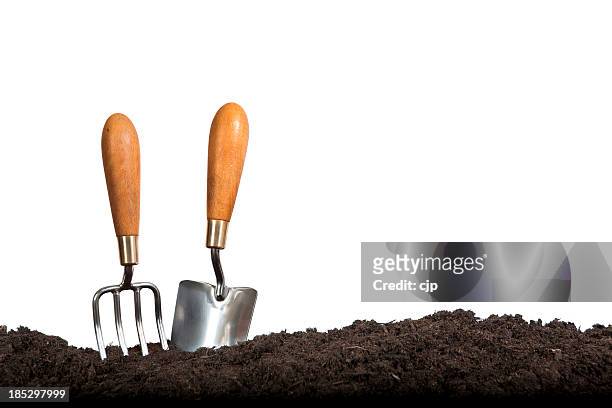 gardening hand tools on white background - gardening fork stock pictures, royalty-free photos & images