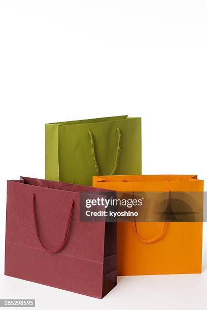 isolated shot of three shopping bags on white background - grocery bag stock pictures, royalty-free photos & images