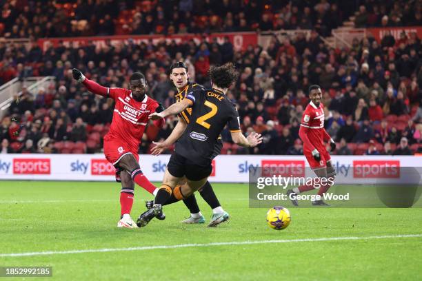 Emmanuel Latte Lath of Middlesbrough scores their team's first goal during the Sky Bet Championship match between Middlesbrough and Hull City at...