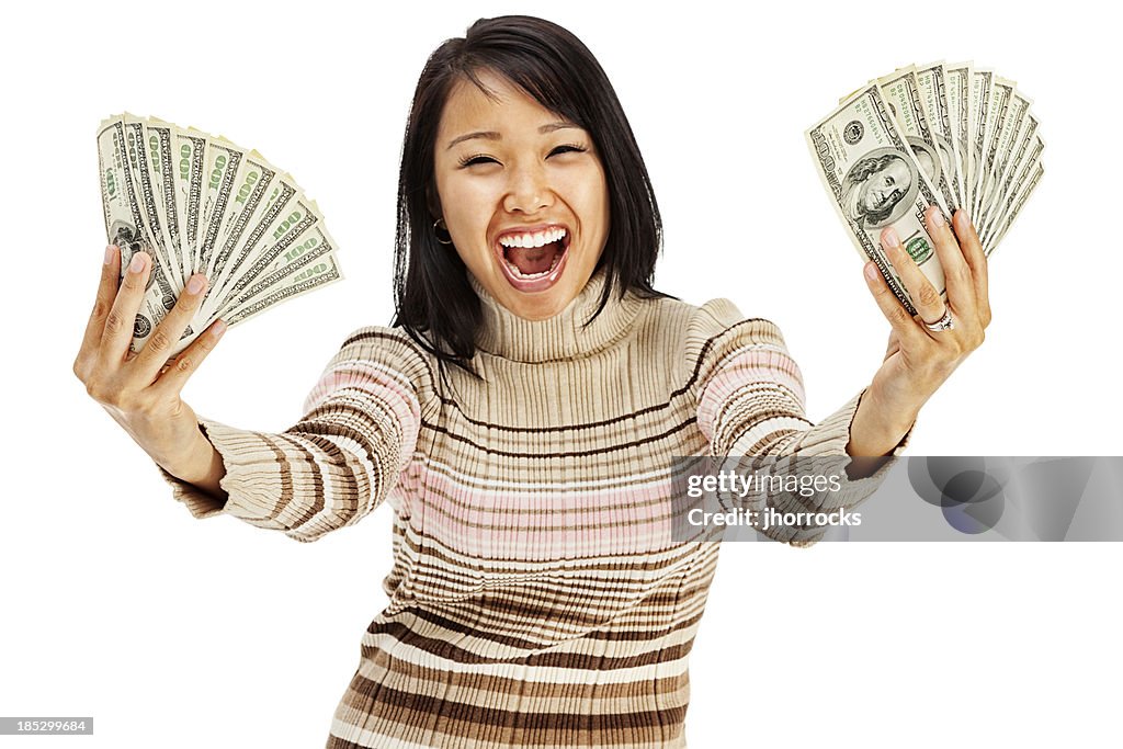 Excited Young Woman Holding Money