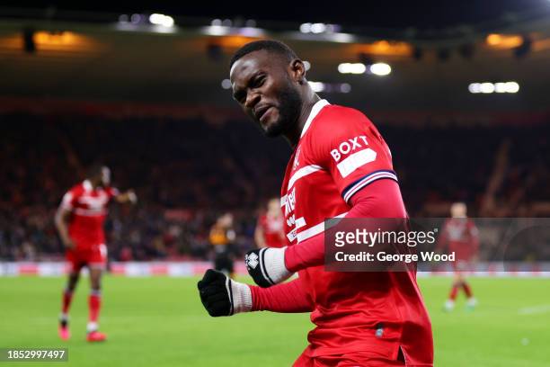 Emmanuel Latte Lath of Middlesbrough celebrates after scoring their team's first goal during the Sky Bet Championship match between Middlesbrough and...