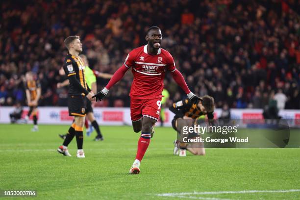 Emmanuel Latte Lath of Middlesbrough celebrates after scoring their team's first goal during the Sky Bet Championship match between Middlesbrough and...