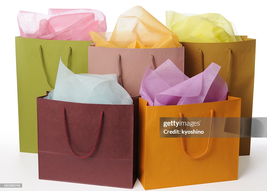Isolated shot of colorful shopping bags on white background