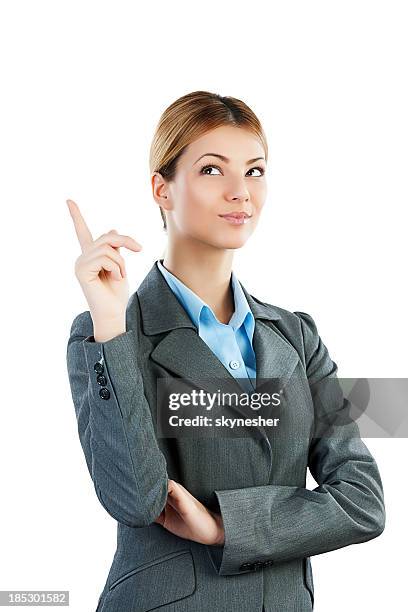 young business woman thinking. - woman index finger stock pictures, royalty-free photos & images