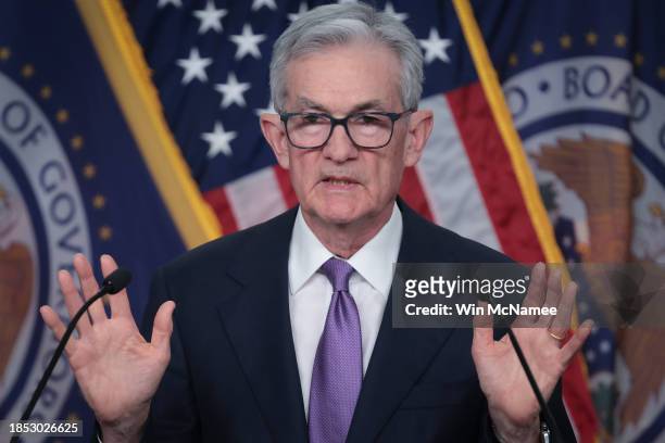 Federal Reserve Board Chairman Jerome Powell speaks during a news conference at the headquarters of the Federal Reserve on December 13, 2023 in...