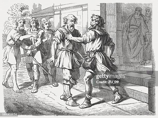 the unforgiving slave (matthew 18), wood engraving, published in 1877 - parabola stock illustrations