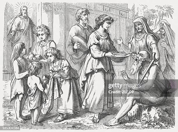 mercifulness (matthew 25, 40) - beggar stock illustrations