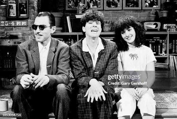 View of, from left, American sibling Rock and Pop musicians Ron Mael and Russell Mael, both of the group Sparks, with fellow musician Jane Wiedlin,...