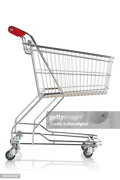 empty shopping cart - shopping trolleys stockfoto's en -beelden