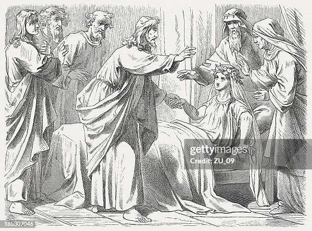 jesus and jairus' daughter (mark 5), wood engraving, published 1877 - images of jesus healing stock illustrations