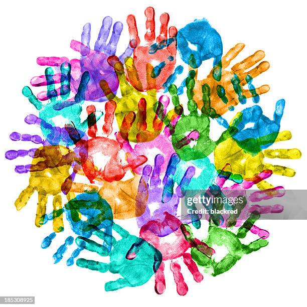 colorful children hand prints - multi coloured hands stock pictures, royalty-free photos & images