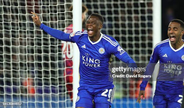 Patson Daka of Leicester City celebrates after scoring their second goal during the Sky Bet Championship match between Leicester City and Millwall at...