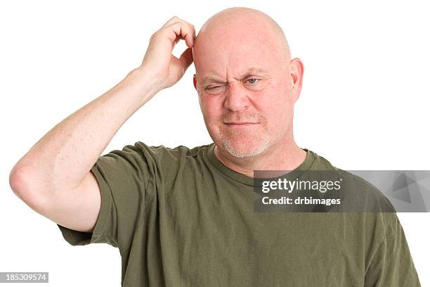 confused man scratching head - overweight 40 year old male concerned stock pictures, royalty-free photos & images