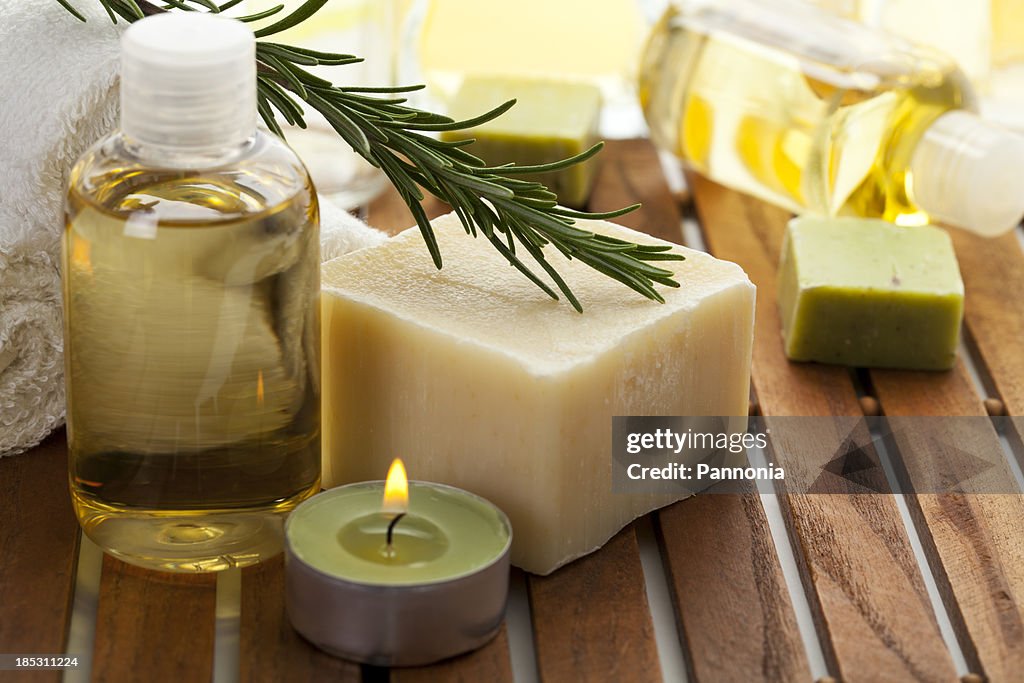 Spa concept with soap, rosemary