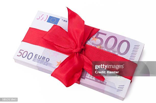 stack of 500 euro banknotes with red ribbon - five hundred euro banknote stock pictures, royalty-free photos & images