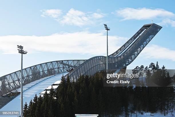 close up photo of holmenkollen ski jump in winter. - ski jumper stock pictures, royalty-free photos & images