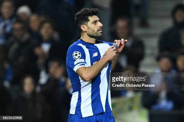 Mehdi Taremi of FC Porto celebrates scoring their team's third goal during the UEFA Champions League match between FC Porto and FC Shakhtar Donetsk...