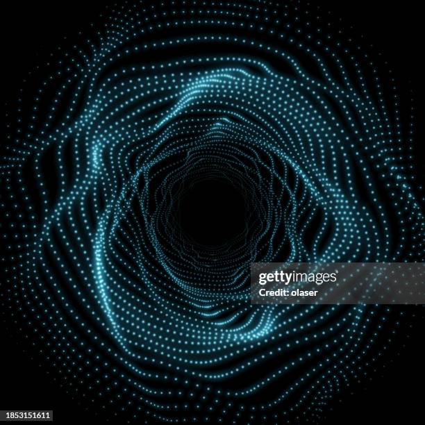 futuristic blue dotted swirl on a black background. - tunnel light stock illustrations