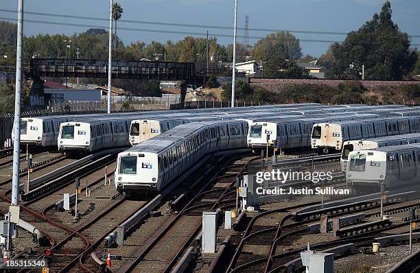 Bay Area Rapid Transit trains sit idle at a BART maintenance facility on the first day of the BART strike on October 18, 2013 in Richmond,...