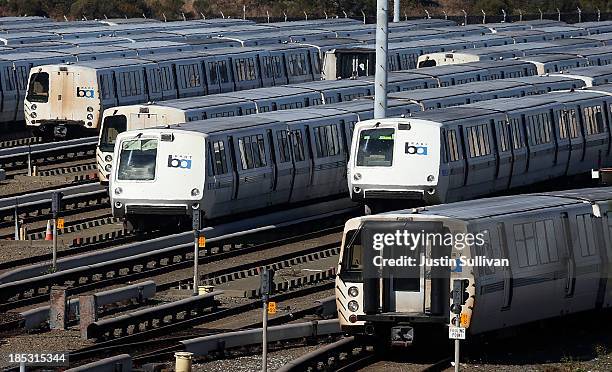 Bay Area Rapid Transit trains sit idle at a BART maintenance facility on the first day of the BART strike on October 18, 2013 in Richmond,...