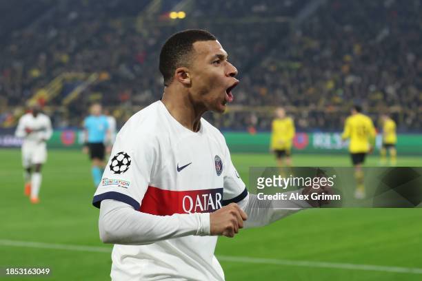 Kylian Mbappe of Paris Saint-Germain celebrates scoring a goal which was later ruled out for offside following a VAR review during the UEFA Champions...