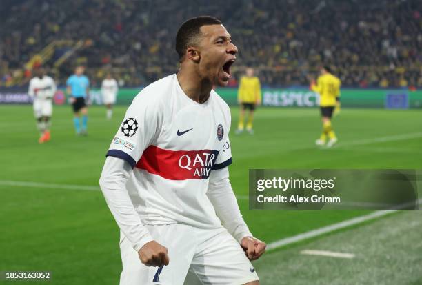 Kylian Mbappe of Paris Saint-Germain celebrates scoring a goal which was later ruled out for offside following a VAR review during the UEFA Champions...