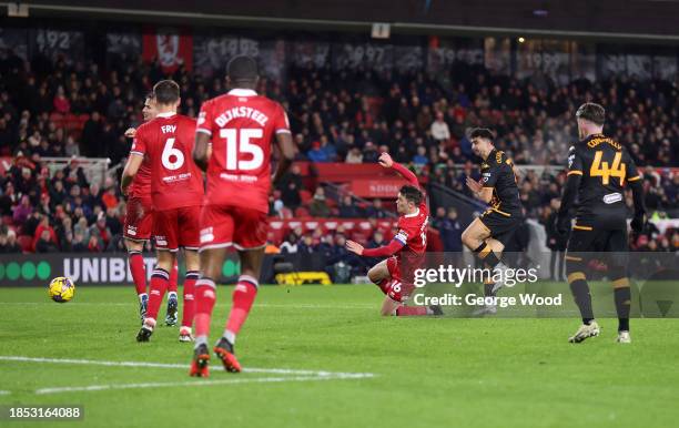 Ozan Tufan of Hull City scores their team's second goal during the Sky Bet Championship match between Middlesbrough and Hull City at Riverside...