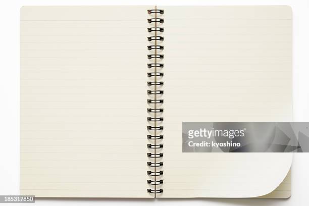 isolated shot of opened spiral notebook on white background - blank page stock pictures, royalty-free photos & images