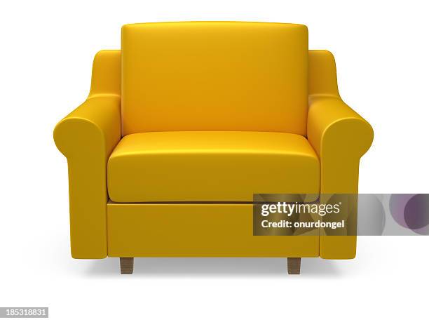 yellow 3d armchair on white background - armchair isolated stock pictures, royalty-free photos & images