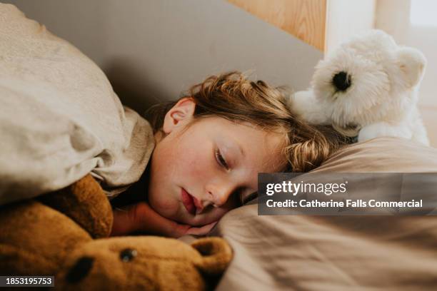 a sleepy child is cozy in bed, beside a teddy bear - cozy stock pictures, royalty-free photos & images