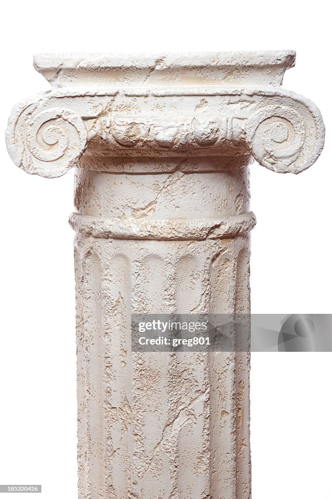 Classical scroll architectural pillar against white backdrop