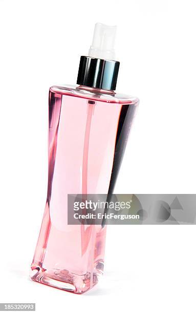 frasco de perfume rosa sobre branco - borrifador de perfume imagens e fotografias de stock