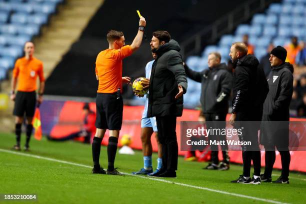 Southampton manager Russell Martin is shown a yellow card during the Sky Bet Championship match between Coventry City and Southampton FC at The...