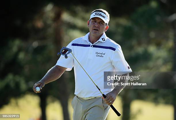 Jason Bohn makes birdie on the tenth hole during the second round of the Shriners Hospitals for Children Open at TPC Summerlin on October 18, 2013 in...