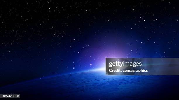 glowing sunlight over the horizon on planet earth in space - galaxy bildbanksfoton och bilder
