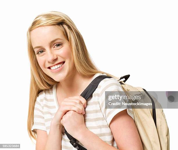 teenage girl with a backpack - isolated - 16 17 girl blond hair stock pictures, royalty-free photos & images