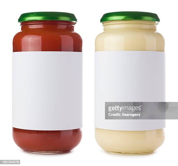 glass pasta sauce jars on a white background - savory sauce stockfoto's en -beelden