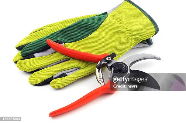 open gardening shears and gloves - clippers stockfoto's en -beelden